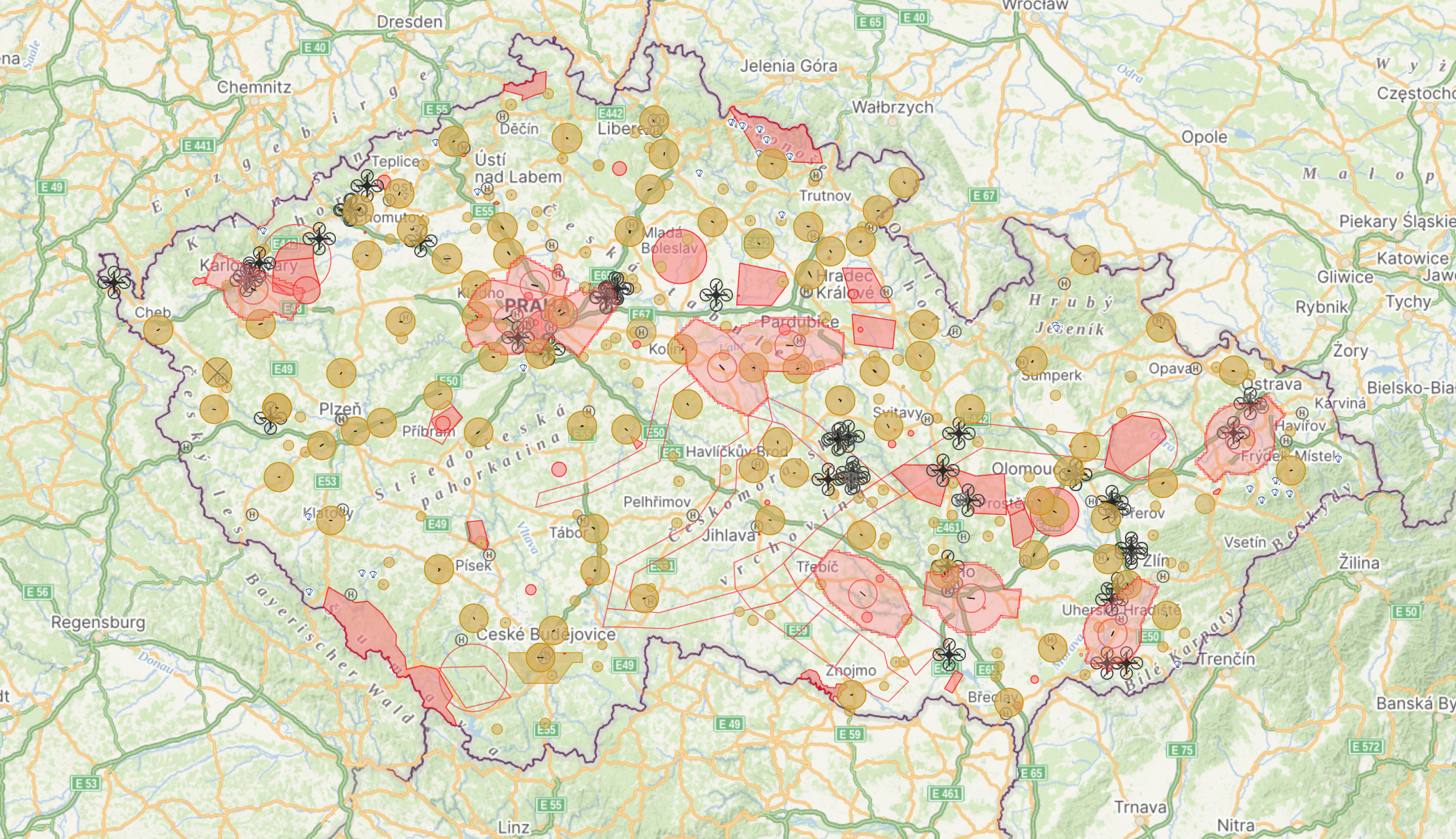 mapa Zeměpisných zón a ochranných pásem dráhy