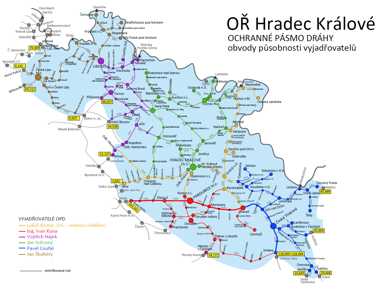 Mapa OŘ Hradec Králové - obvody působnosti vyjadřovatelů